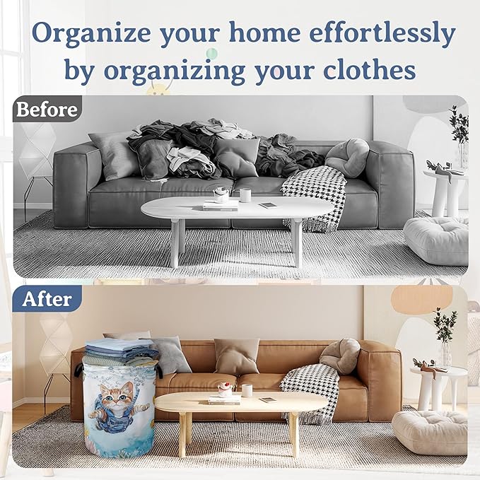 Cute Cat Laundry Basket, Foldable Oxford Cloth Sea Turtle Fish Coral Laundry