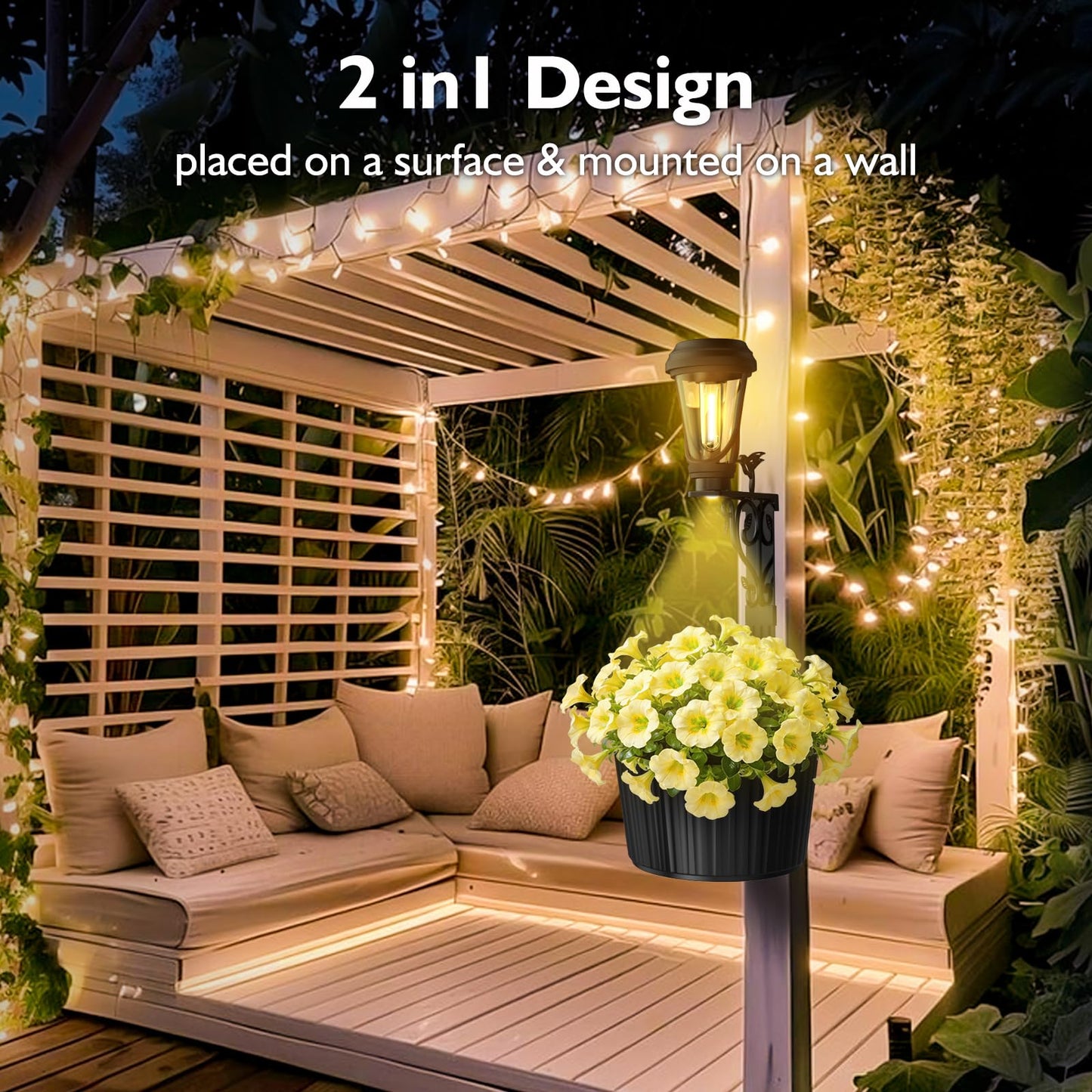 2Pcs 7.9 Inch Solar Lights Planter Dual-Sided 3000K Warm White Lighting, 2 in1 (Wall/Stand) Flower Pots, Auto on/Off IP65 Solar Post Light with Planter Waterproof for Yard, Patio, Porch, Pathway Decor