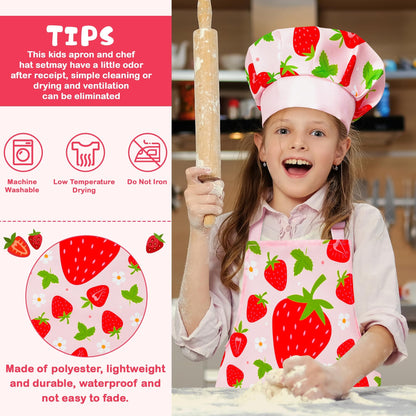 R HORSE Kid Apron and Chef Hat Set - 2Pcs Strawberry Adjustable Children Kitchen Toddler Apron for Girls Role Play Chef Toy Cooking Gift Birthday Gift for Kids Cooking Baking Painting and Training