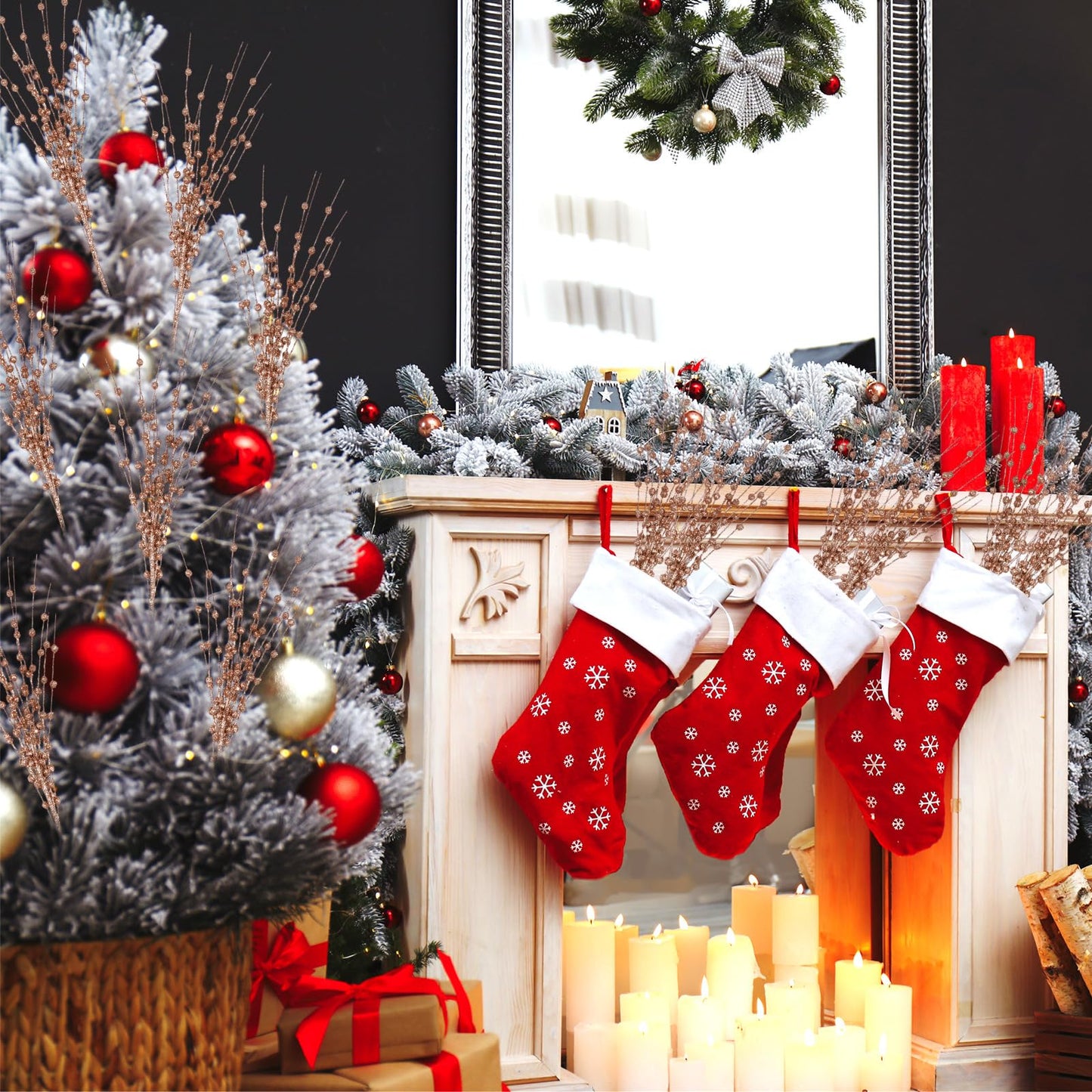 Geosar 14 Pcs Long Artificial Glitter Berry Stem Ornaments 28 Inch Christmas Picks Christmas Tree Decoration Stems Xmas Decorative Bead Sticks Glittery Twig Branches for DIY Wreath Decor(Rose Gold)