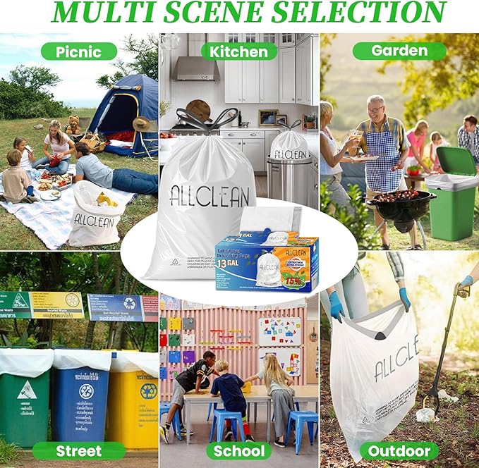 Trash Bags 13 Gallon Tall Kitchen Drawstring Garbage Bags, Fit 13 Gal Bins