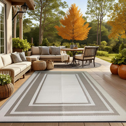 Outdoor Rugs for Patio, Waterproof Plastic Outdoor Rug, Square Outside Rug 6x9 ft, Geometric Area Rug, Outdoor Mat Carpet for Porch, Deck, Balcony, Picnic, Beach, Camper, RV, Bordered01-Gray & Brown