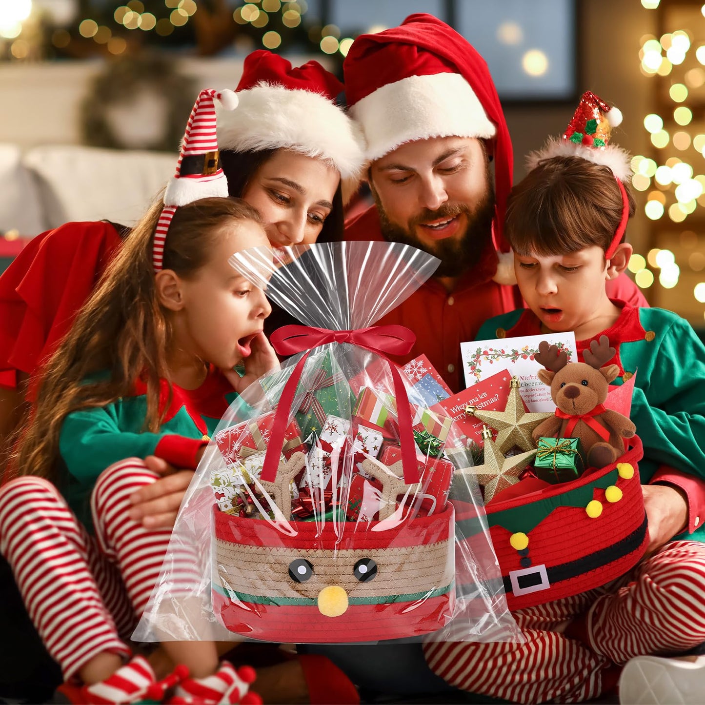 Zopeal 2 Pcs Christmas Woven Basket with Gift Bag, Ribbon and Red Tissue Paper Deer Woven Storage Bin Empty Basket Holiday Decorative for Xmas Gifts, 12 x 8 x 5 inch