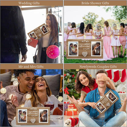 SOUHONEY Wedding Gifts for Couples 2026, Bridal Shower Gifts for Bride to Be, Wedding Picture Frame for Couple - Double 4x6 Pictures Frame - Wooden Couples Newlyweds Picture Frame with Heart Mr& Mrs