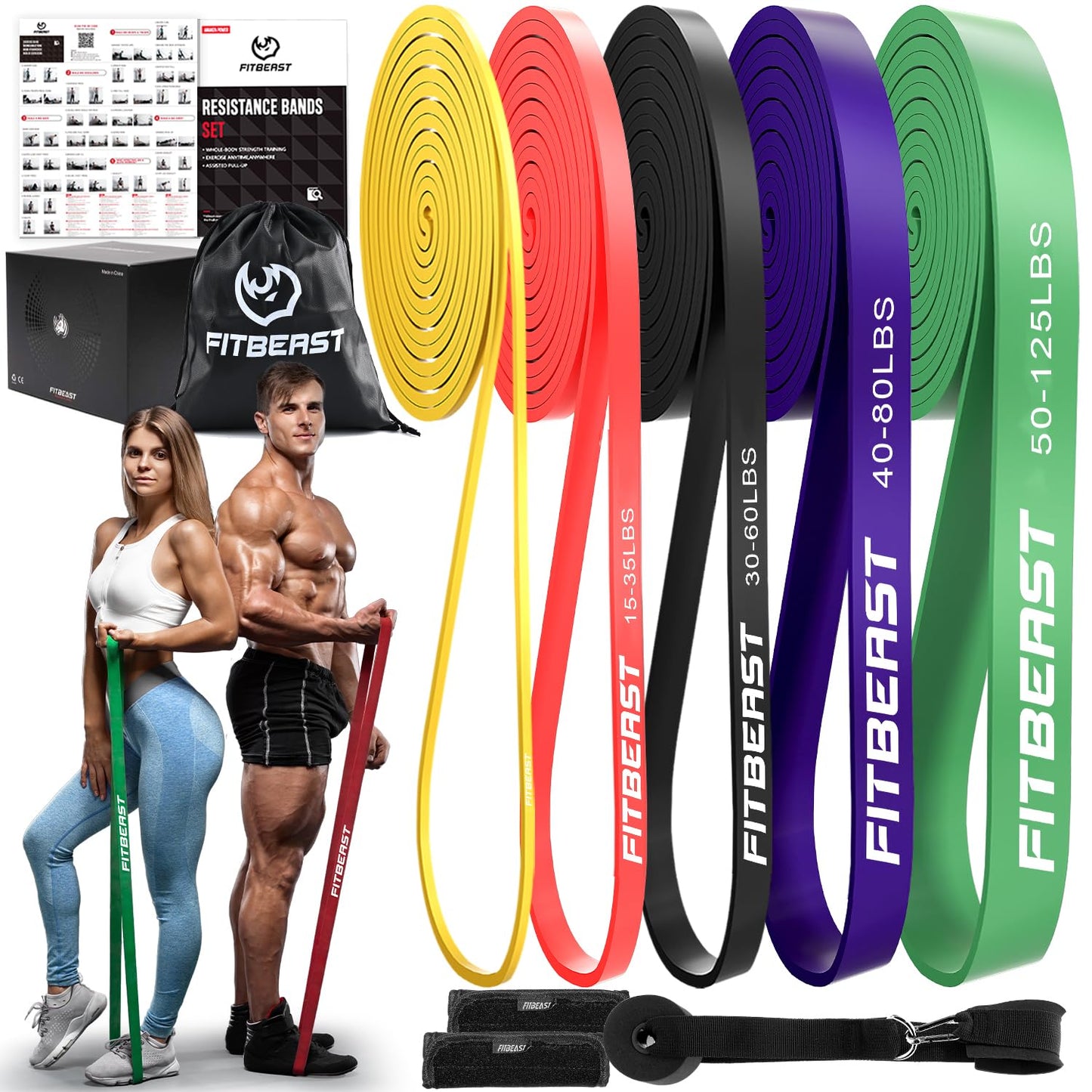 FitBeast Resistance Bands Set, Pull Up Assist Bands for Strength Training, Powerlifting, Muscle Toning, Yoga, Mobility Exercises, Rehabilitation, Full-Body Workout