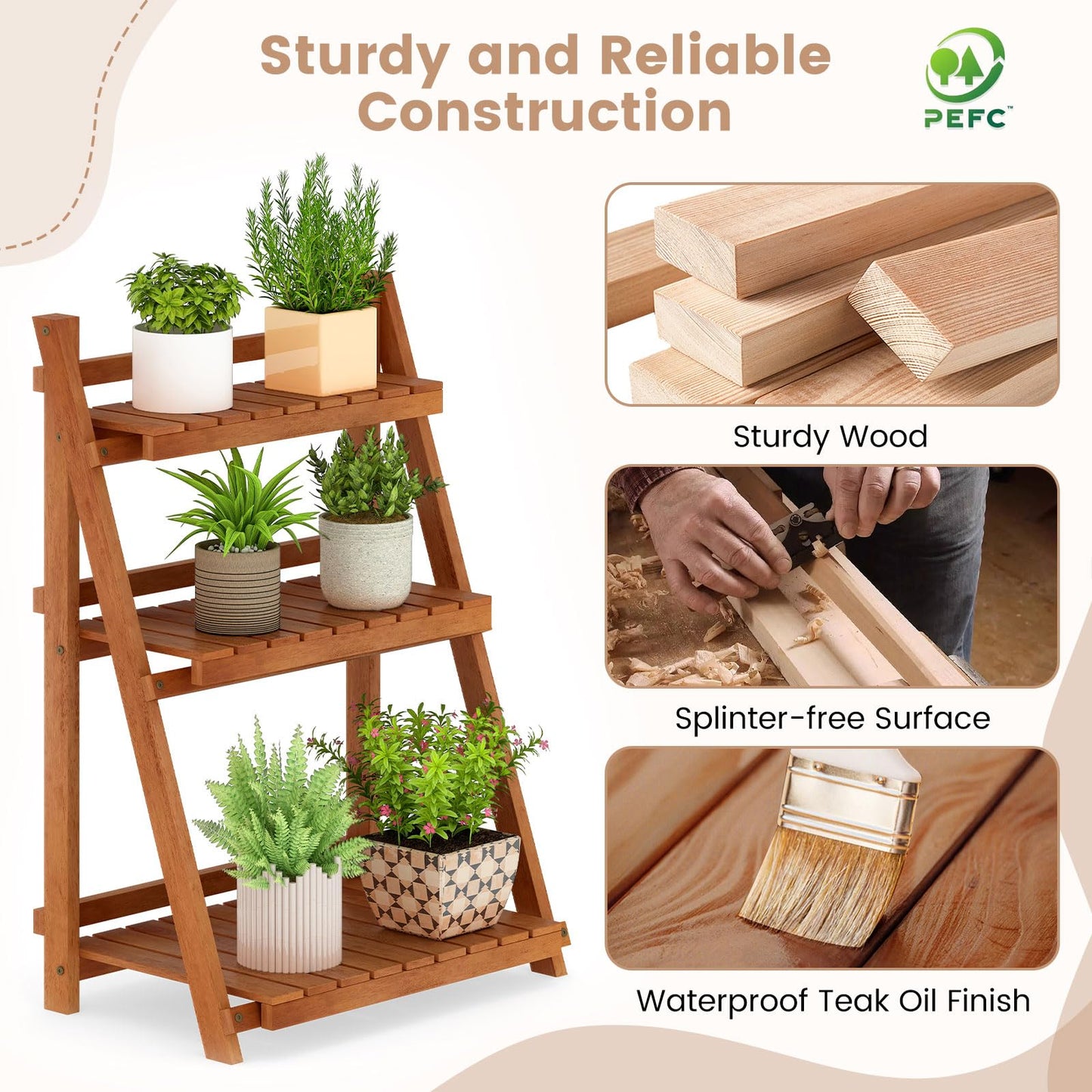Giantex Foldable Ladder Plant Shelf, 3-Tier Solid Wood Indoor Outdoor Flower Pot Display Rack, Corner Storage Bookshelf, Freestanding Tiered Plant Stand for Garden Patio Balcony, No Assembly