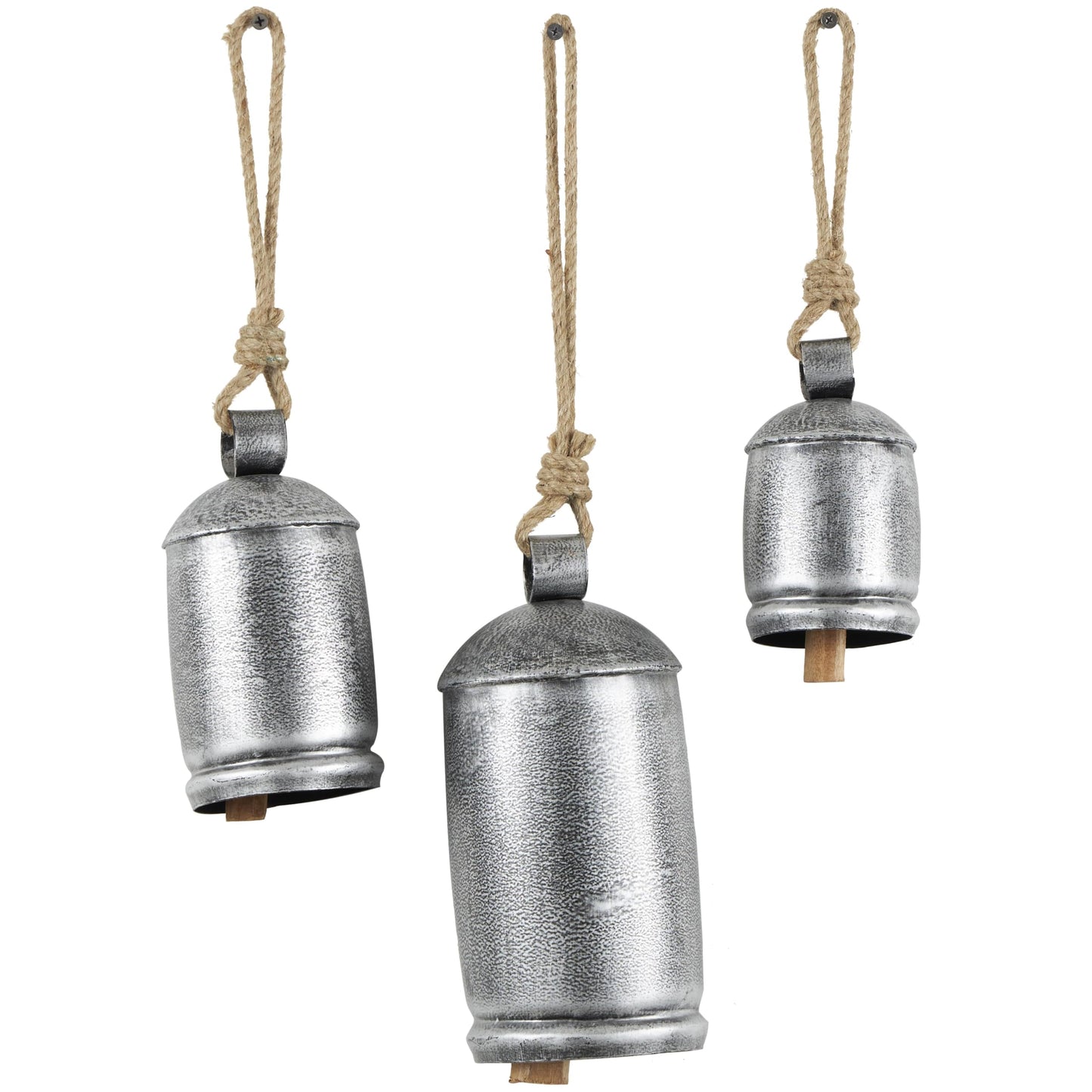 Deco 79 Metal Indoor Outdoor Decorative Cow Bells Tibetan Inspired Meditation Bell with Jute Hanging Rope, Set of 3 Cow Bell 10", 7", 5"H, Silver