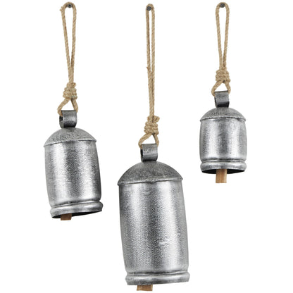 Deco 79 Metal Indoor Outdoor Decorative Cow Bells Tibetan Inspired Meditation Bell with Jute Hanging Rope, Set of 3 Cow Bell 10", 7", 5"H, Silver