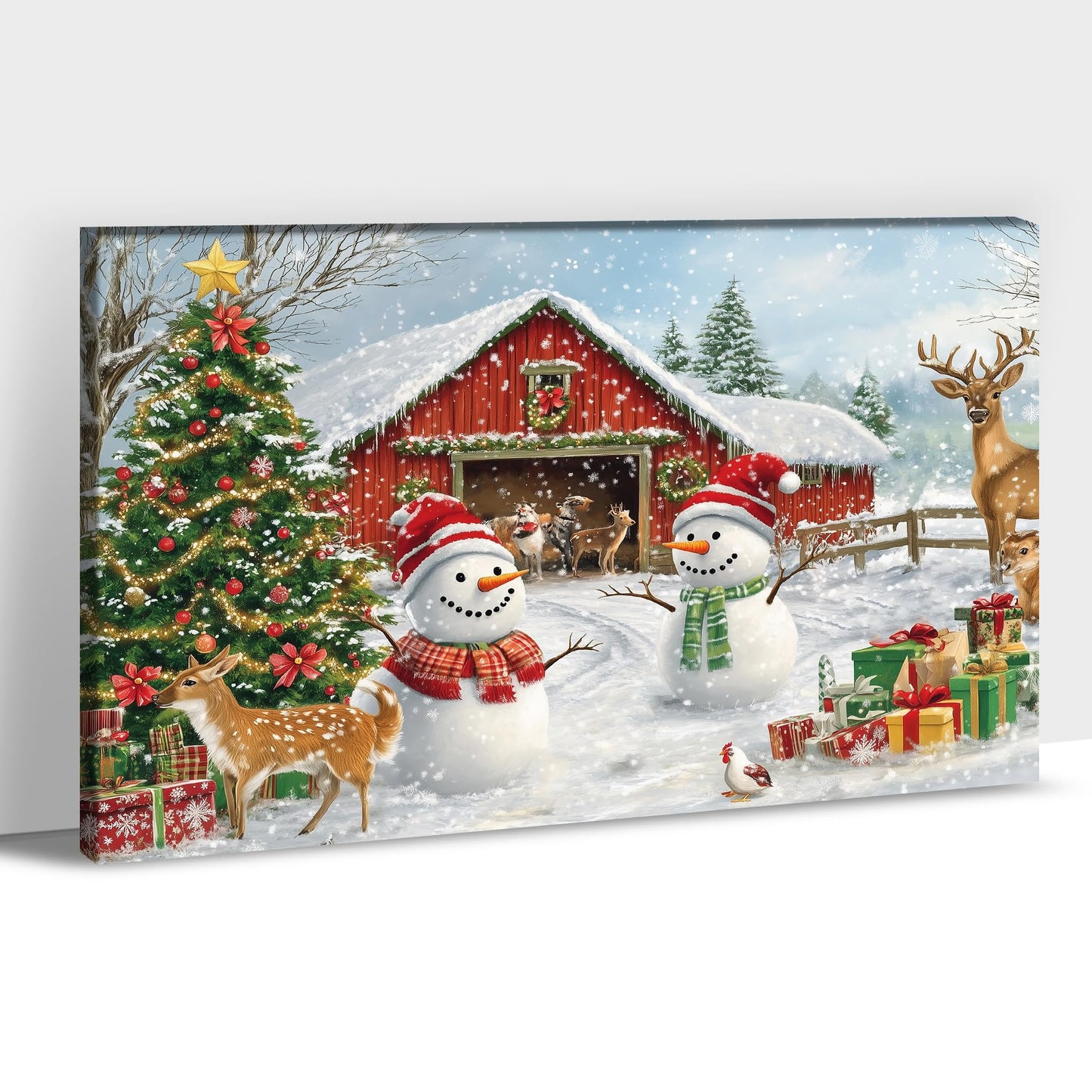 GUTTATY Christmas Canvas Wall Decor, Snowman Christmas Pictures Wall Art, Winter Farmhouse Pictures Prints, Deer Animal Pictures Posters Framed, Xmas Holiday Wall Decor for Living Room 18x24 Inch
