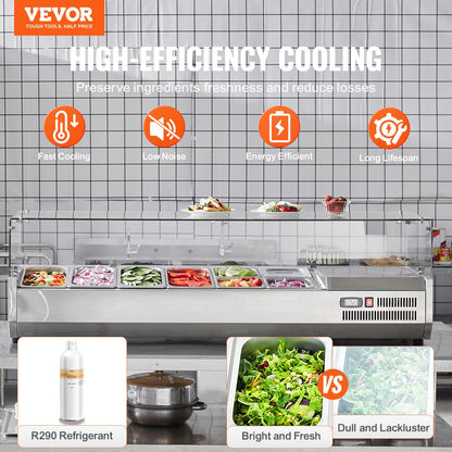 VEVOR Condiment Prep Rail Station, 150 W Countertop Refrigerated Condiment Station, with 4 1/3 4 1/6 Pans, 304 Stainless Body and PC Lid, Sandwich Prep Table with Glass Guard, ETL, Silver