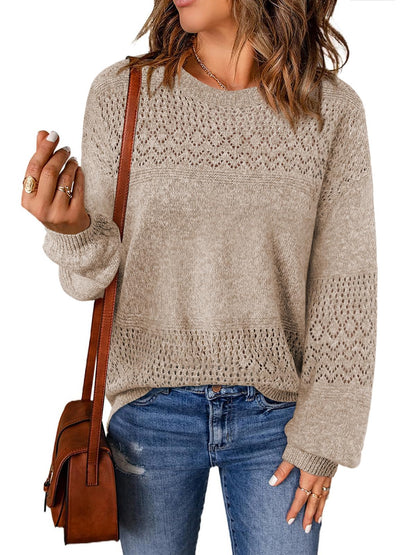 Lylinan Womens Sweaters Casual Boho Long Sleeve Shirts Crewneck Lightweight Crochet Tops Pullover Knit Sweater