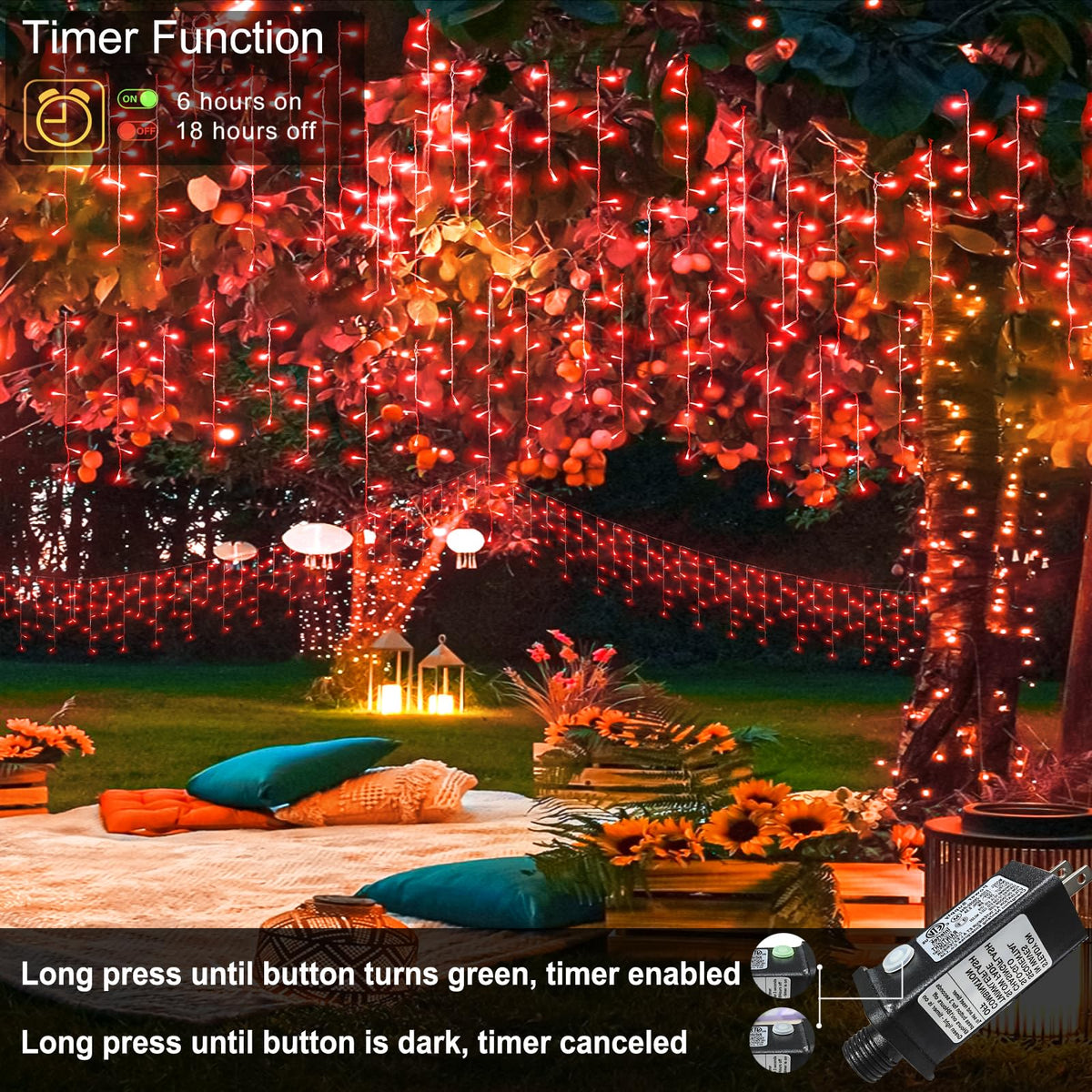 66ft Red Icicle Lights Indoor for Bedroom, 640 LED String Lights for Outside Clear Wire Connectable Twinkle Light with 8 Modes Timer Waterproof for Window Party Wedding Decorations