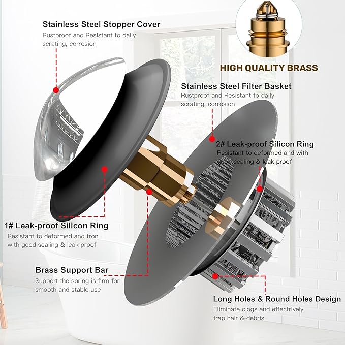 Kitchen Sink Drain Strainer 3 in 1, 304 Stainless Steel Pop Up Sink Stopper
