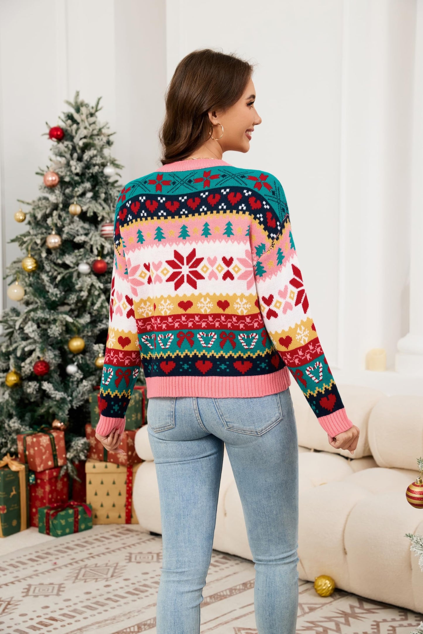 LUBOT Ugly Christmas Sweaters for Women Cute Fuzzy Funny Wintertime Holiday Parties Knitted Casual Pullover Sweater Pink Green Large