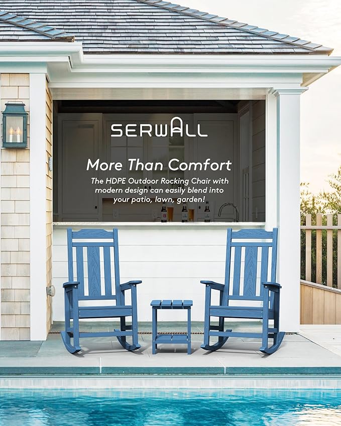 SERWALL Outdoor Rocking Chair Set of 6, Patio Rocking Chair Sets, HDPE Rocking Chair for Adults, Blue