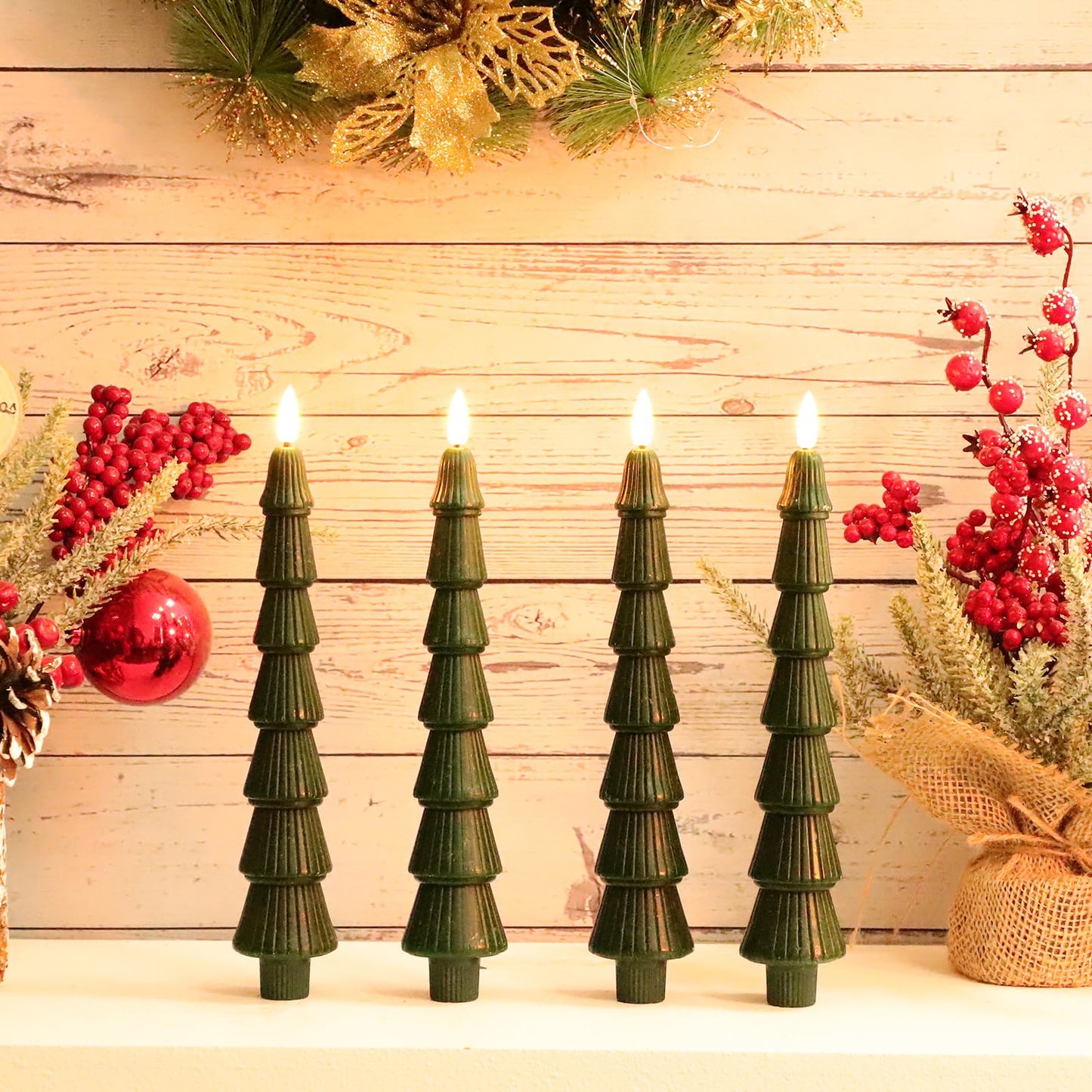 LiuSuper 4 Pack Christmas Tree LED Candles with Remote, Real Wax Flameless Taper Candles with 3D Flickering Flame, Lights Xmas Candlesticks for Christmas Home Party Decor (4 Pack Tower-Shaped)