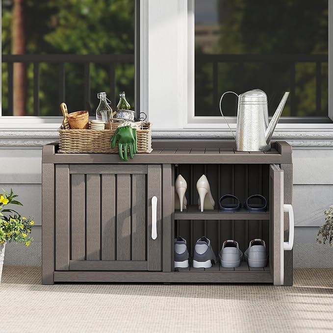 2-Tier Storage Bench, Waterproof UV-Resistant Outdoor Shoe Storage Cabinet with 2 Doors & Adjustable Shelves for Indoor Outdoor Entryway, Hallway, Living Room (Grey)
