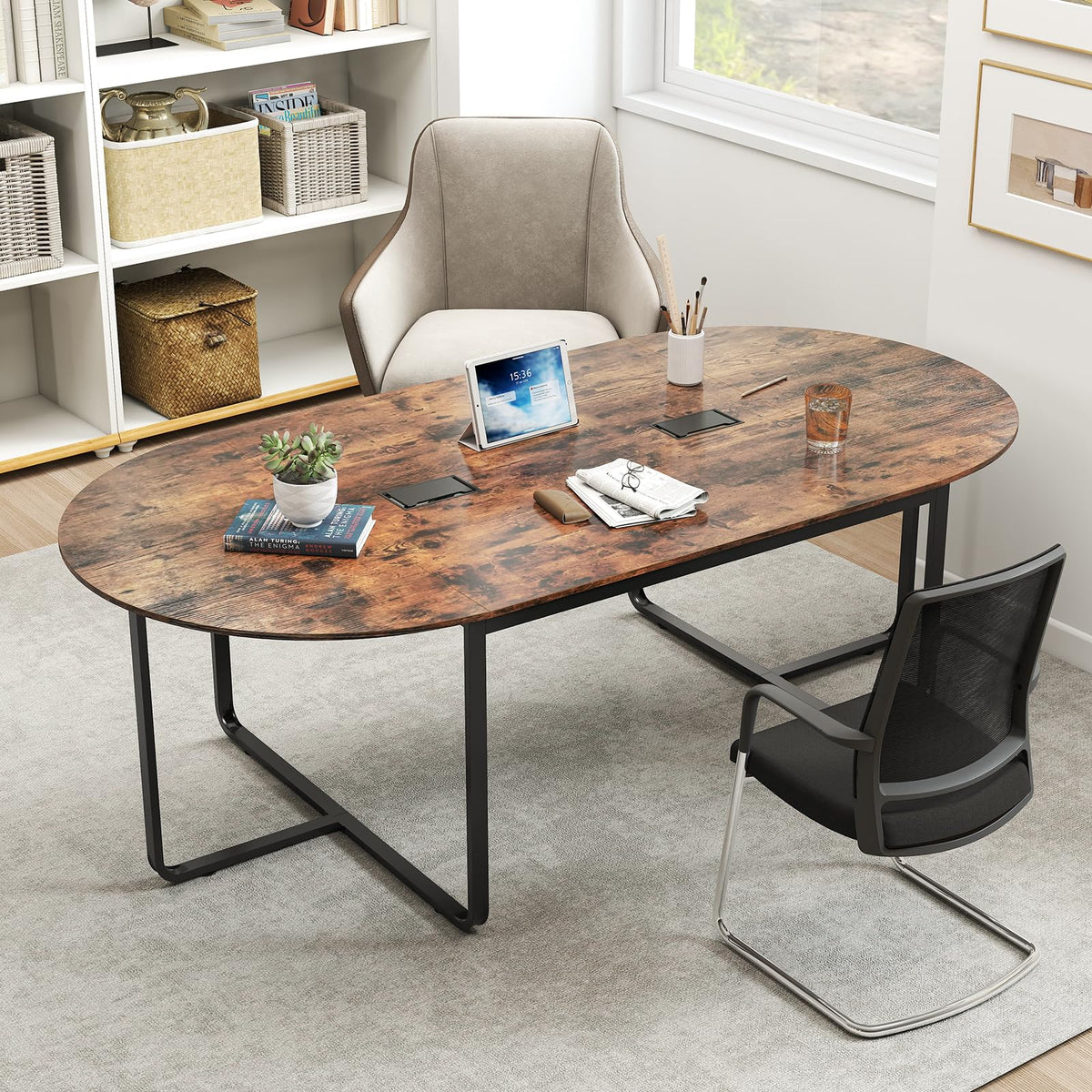 Nightcore 8 FT Oval Conference Table, 95" x 48" x 30" Large Meeting Table with Cable Holes and Strong Metal Frame for Office, Business Style Training Table for 12 People, Rustic Brown & Black
