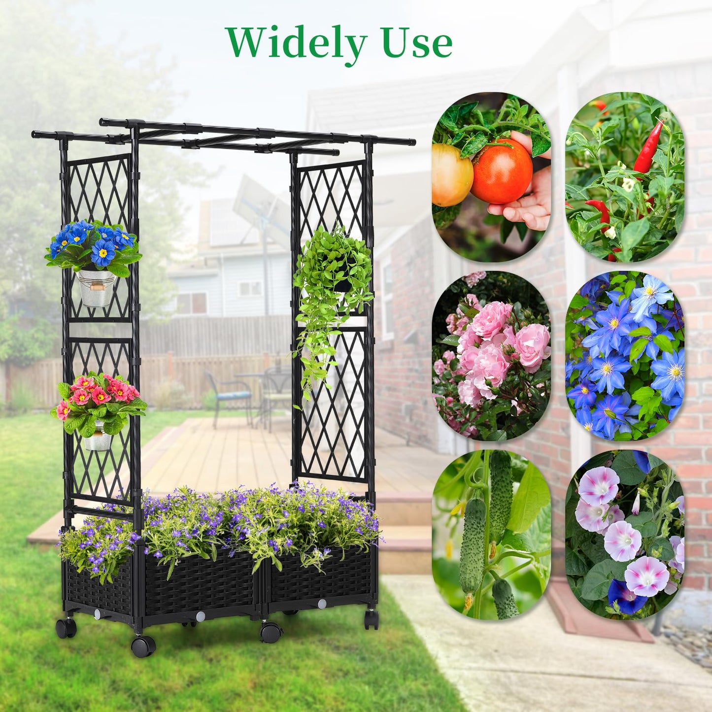 FOLLOOK Planter Box with Trellis Outdoor, 53.1in Plastic Raised Garden Bed with Trellis Hanging Roof for Vine Flower, with Lockable Wheels & Drain Plug for Patio Backyard Balcony, Black, 1 Pc