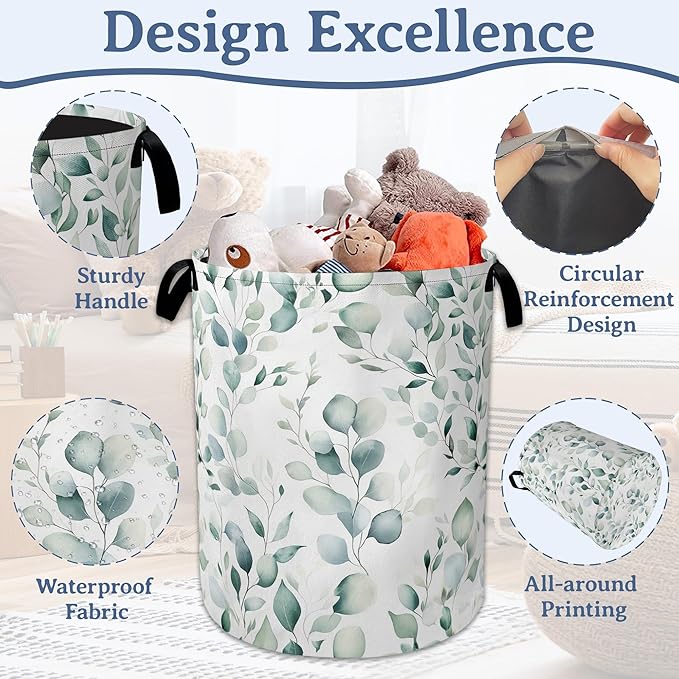 Eucalyptus Spring Botanical Laundry Basket, Foldable Oxford Cloth Laundry Hamper
