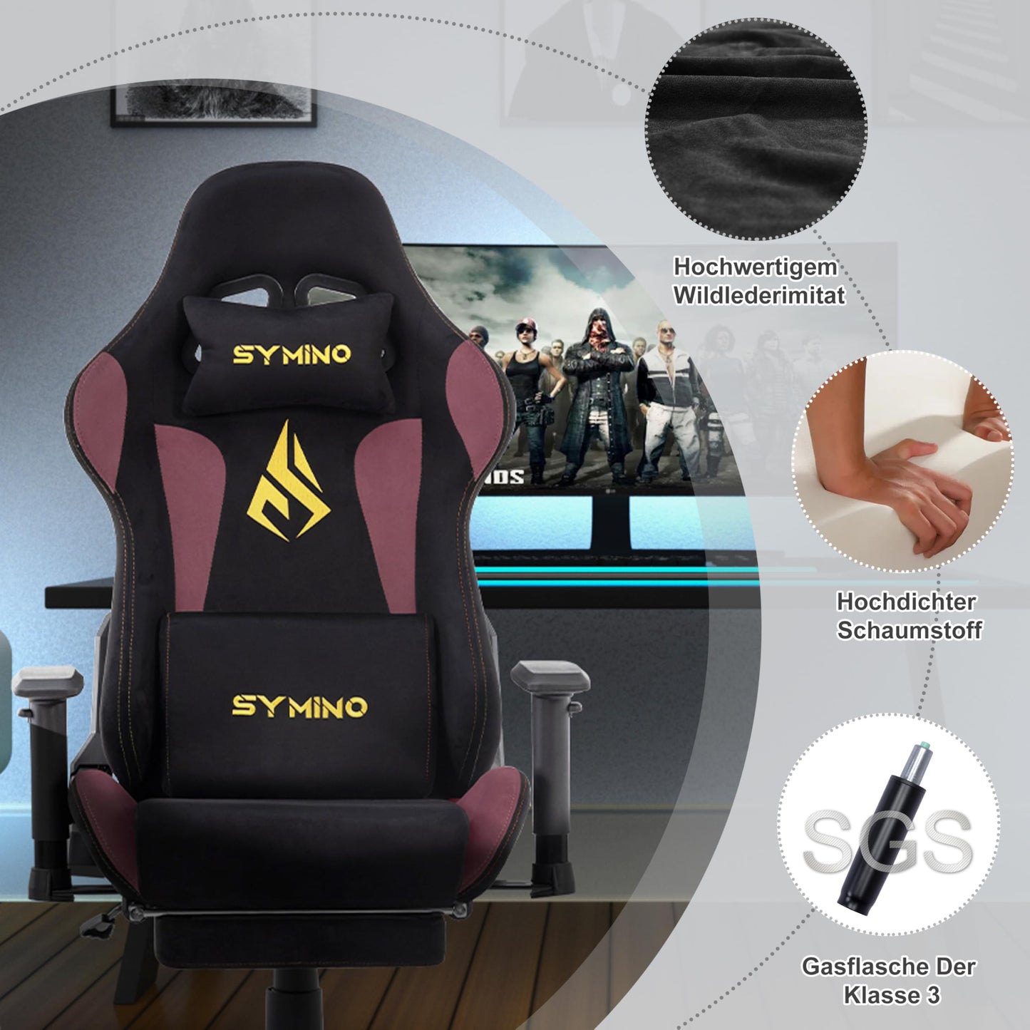 Symino Gamer Chair, Two-Tone Design, Wrap Seat, Lumbar Support & Head, 150° Tilt, Gas Class 3 SGS, 150 kg (Faux Suede, Black Red)