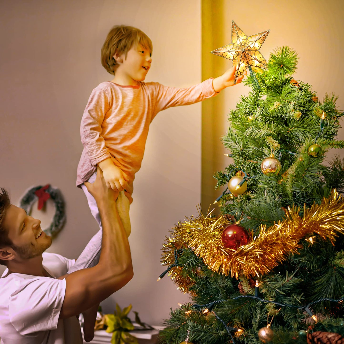 Brizled 9.5” Christmas Star Tree Topper, Gold Dual-side 3D Star Treetop, Glittered Tree Top with 10 Warm White Lights, UL Certified Lighted Xmas Treetop for Holiday Christmas Tree Decor