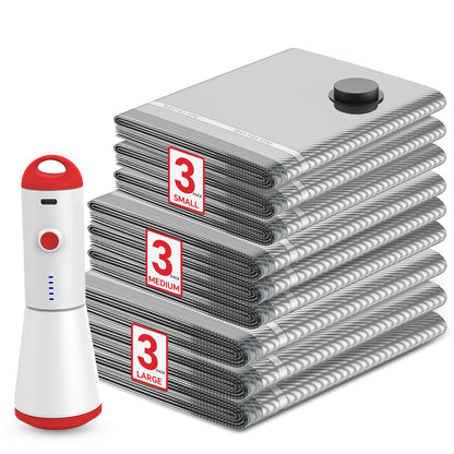 Travel Vacuum Storage Bags with Rechargeable USB Pump, 9 Pack Carry-On Size Compression Packing Bags for Luggage and Suitcase, Space Saver for Clothes and Clothing Travel