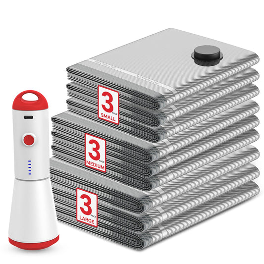 Travel Vacuum Storage Bags with Rechargeable USB Pump, 9 Pack Carry-On Size Compression Packing Bags for Luggage and Suitcase, Space Saver for Clothes and Clothing Travel