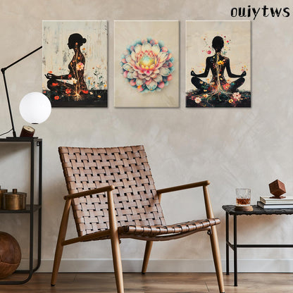 Yoga and Flower themed Meditation Wall Art Set of 3, Spiritual Meditation Women's Match with Flower and Lotus Patterns Canvas Poster Prints Painting,for Yoga Meditation Room,Bedroom,Framed 12X16in
