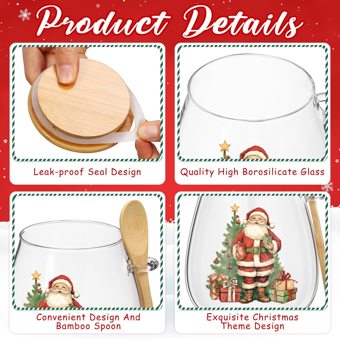 Pickmesh 2 Sets 34 oz Christmas Glass Storage Jars with Airtight Bamboo Lid and Spoon Christmas Decorative Container Xmas Canister for Kitchen Countertop Decoration Cookies Snacks Candy(Santa)