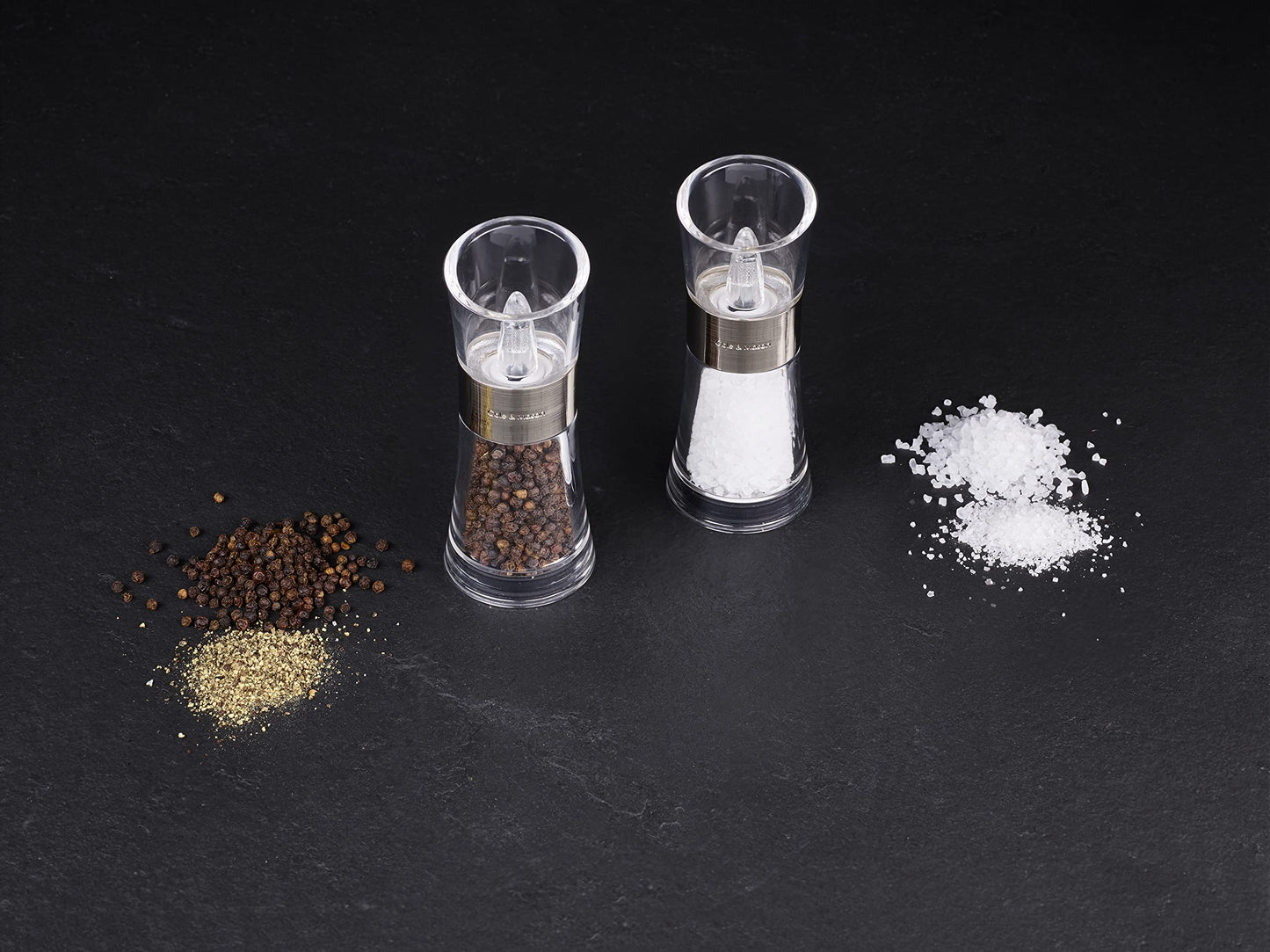 Cole & Mason Flip 180 Chrome Salt and Pepper Mill Set, Adjustable Coarseness, Ceramic Mechanism, Acrylic, 154 mm, Filled Salt and Pepper Grinders