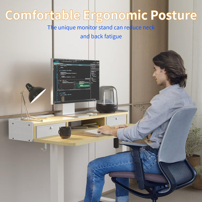 YIHAYO Low Height Adjustable Desk with Drawers, Lifts 18.1-28.3 Inches, Electric Standing Desk with Storage Shelf for Short People, 48 x 24 Inches Table with Splice Board for Home Office, Natural