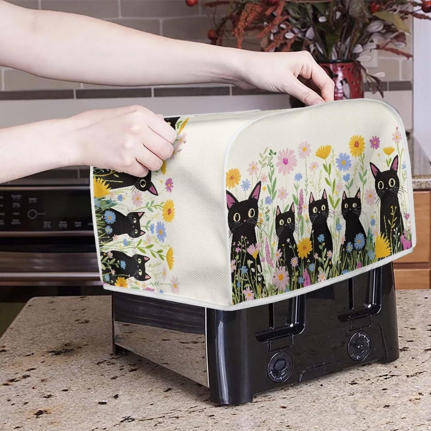 ASQVTIFE Cute Black Cat Toaster Cover 4 Slice Wide Slot Toaster Oven Covers for Kitchen Counter Black Cat Kitchen Bakeware Protector Fits for Most Standard 4 Slice Toasters