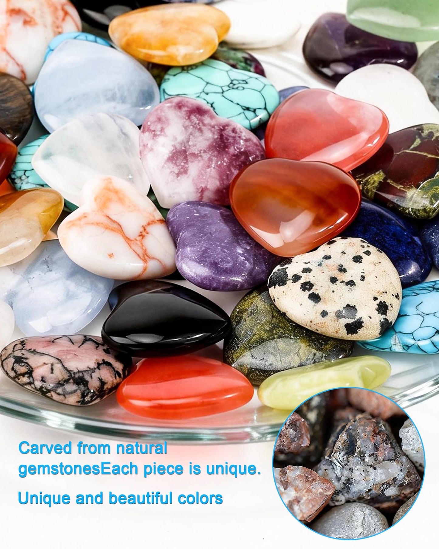 lulir 24 Pcs Natural Heart Crystals Healing Stones Set - 0.8" Pocket Reiki Gemstones for Meditation, Mini Heart Shaped Worry Stones for Anxiety, Chakra Energy Stone Bulk, Valentine's Day Gift