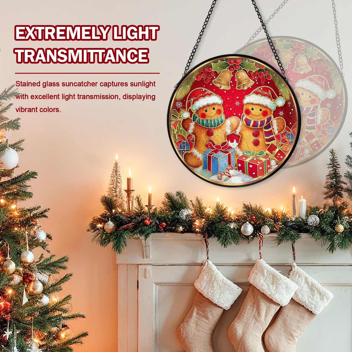 Christmas Decorations Stained Glass Window Hanging, Gingerbread Candy Cane Christmas Suncatcher for Window Hanging, Suncatchers Indoor Windows Wall Art for Mom Grandma, for Home Office 7.87 inches