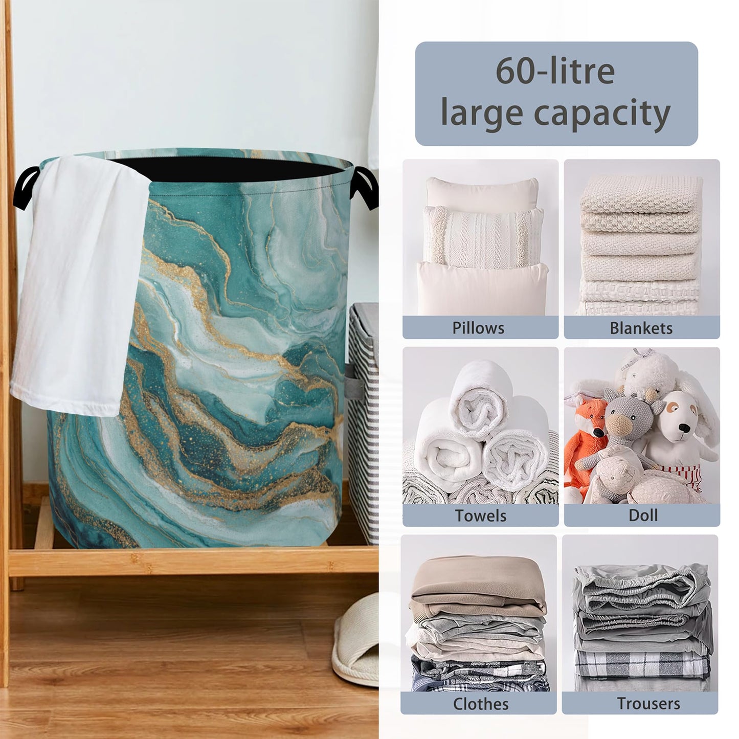 Blue Green Gold Marble Laundry Basket,Foldable with Handles Tote Bag Oxford Cloth for Bathroom Bedroom Dirty Clothes Storage Bucket 16" x 20.8"