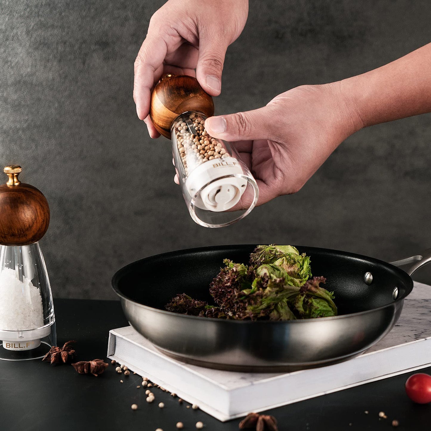 Wood Salt and Pepper Grinders Refillable Set of 2 - Refillable Acrylic Salt Shaker or Pepper Shaker Two 5 oz Salt - Pepper Mill or Salt Mill - Spice Grinder - Easy Clean Ceramic Grinders