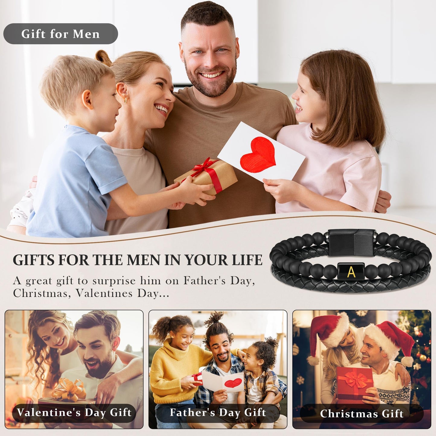 FOCOOG Mens Leather Bracelet with Initial - Black Matte Agate Bead Bracelet