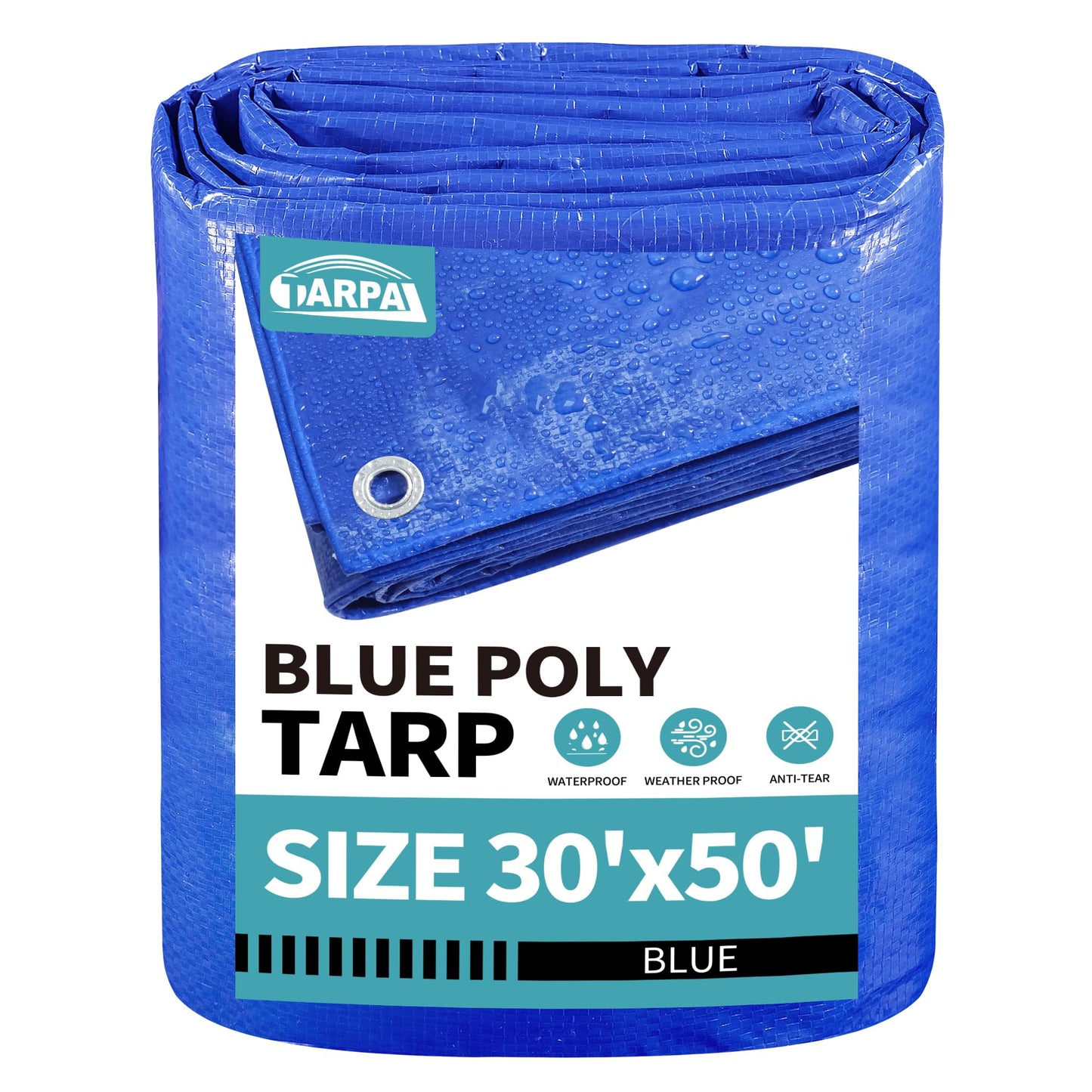 TARPAL 30x50 feet Blue tarp, 8mil Medium Duty tarps Waterproof, Tear Resistant with Metal Grommets, Suitable for Outdoor Tent Emergency rain Cover,Floor tarp,and Other uses.