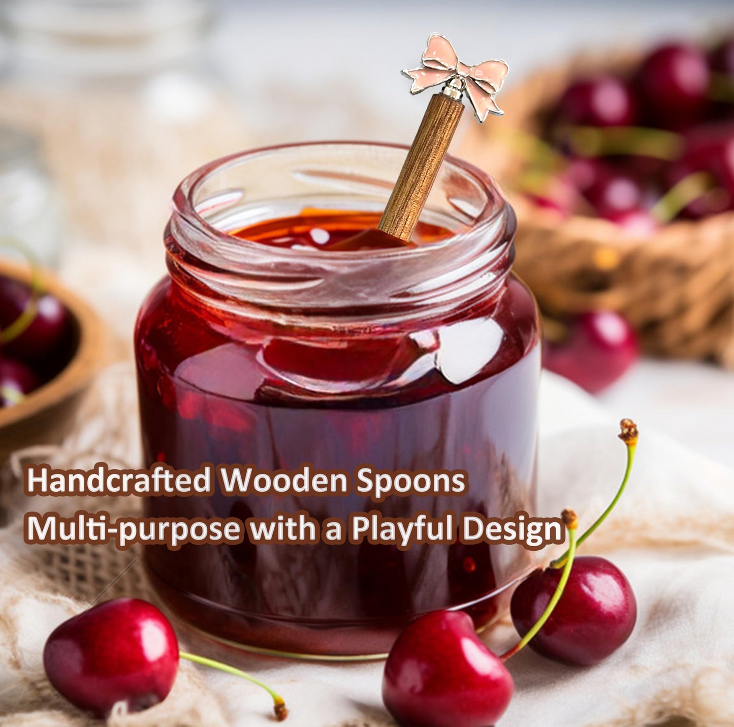 Wooden Stir Spoon for Honey Coffee Stirring Tea Yogurt Jars, Cute Small Wooden Spoon for Eating, Collection Spoons, Holiday Wooden Teaspoon 5.1 Inches Length(4pcs) (Pink bowknot)
