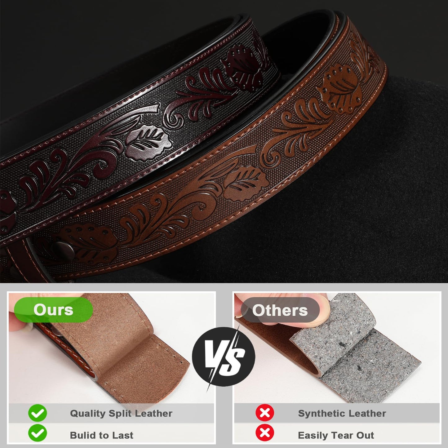 SANSTHS 2 Pack Western Belts for Men without Buckle, Cowboy Belt for Buckle Western Leather Belt Straps for Jeans, Coffee & Brown
