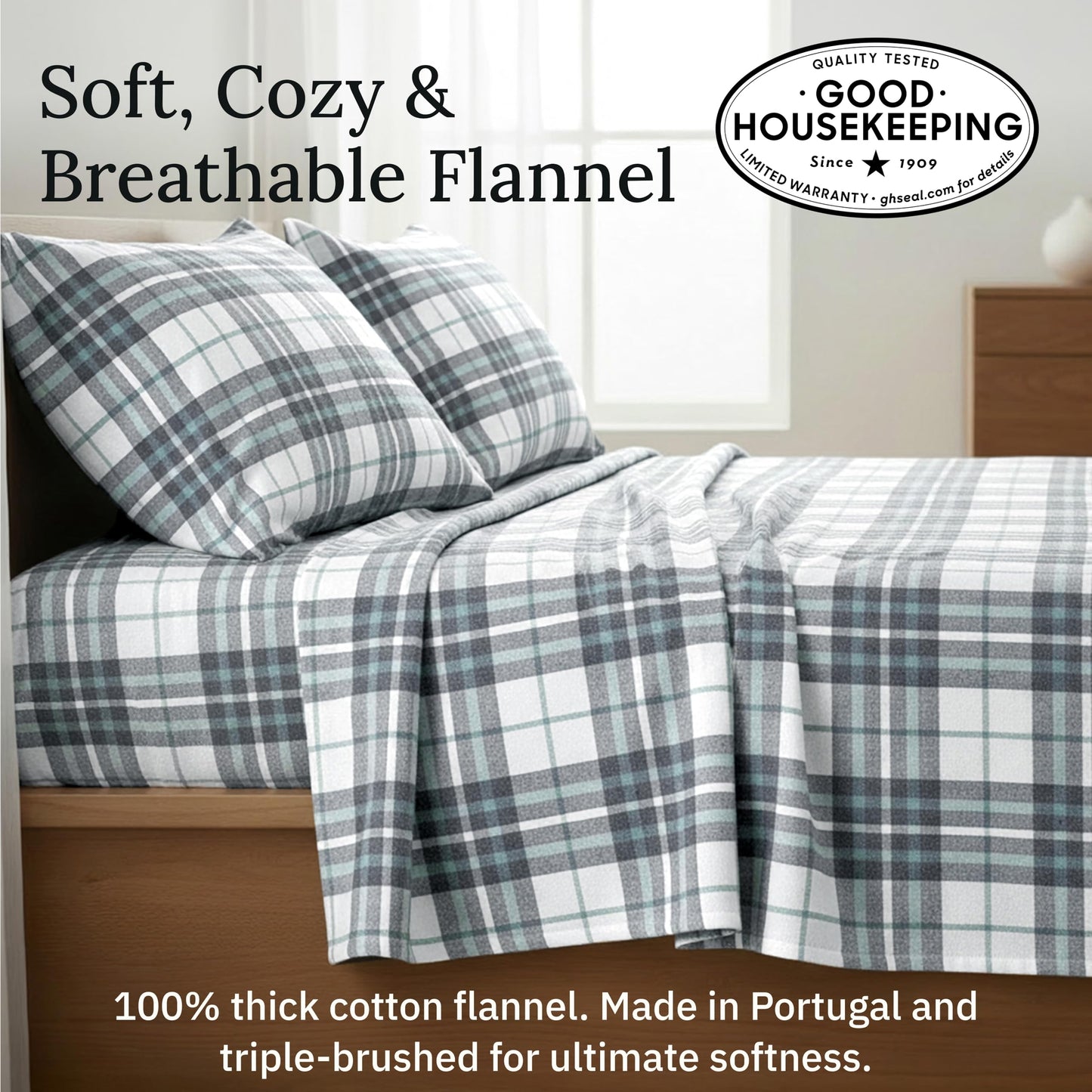 California Design Den Yarn Dyed Flannel Bed Sheets King Size Set - Made in Portugal, 4-Piece 100% Cotton Sheet Set King Size, Thick, Velvet Soft, Triple-Brushed, Extra Deep Pockets - Blue Plaid