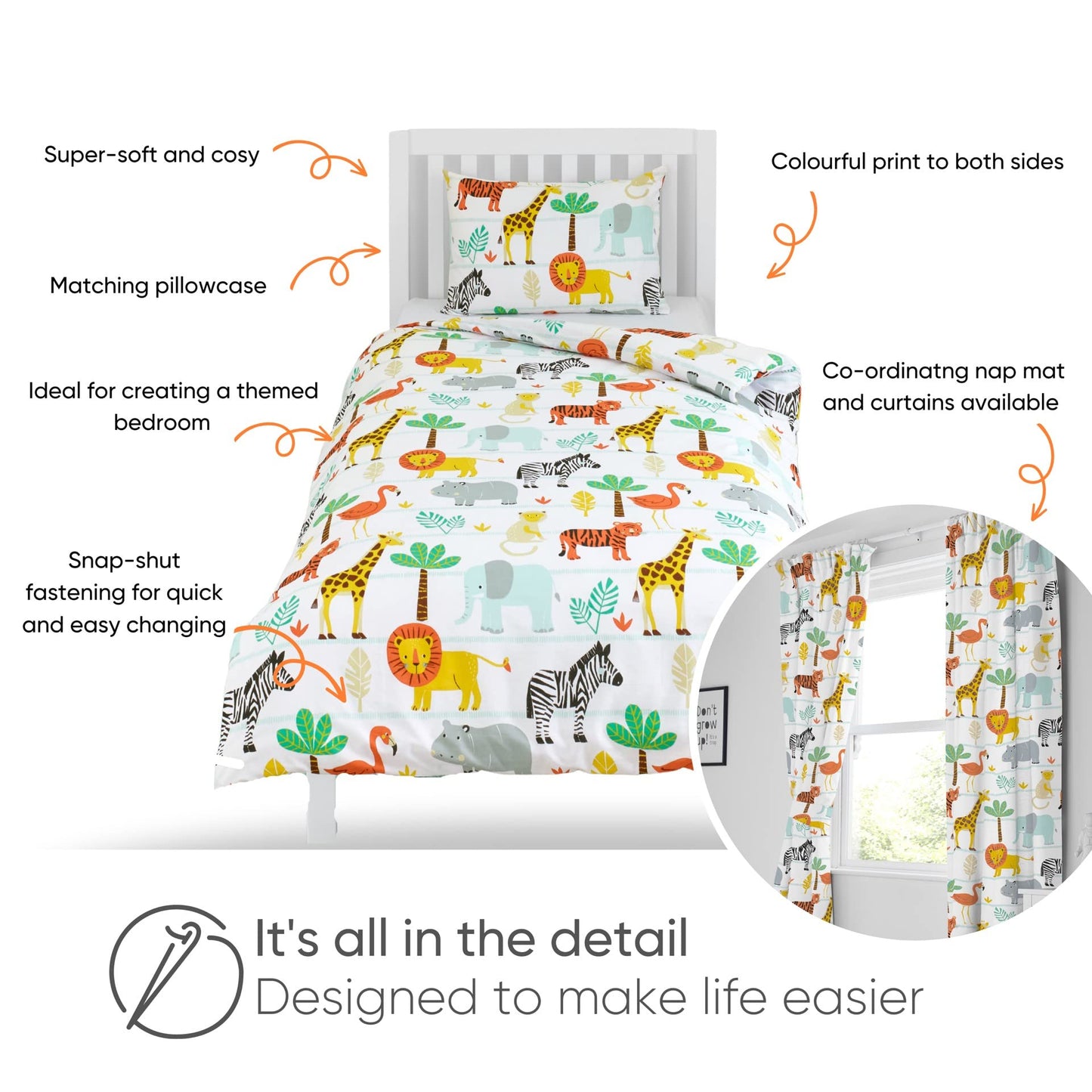 Bloomsbury Mill - Cot Bed Duvet Cover Set - Toddler Bedding Set For Boys and Girls - Safari Adventure - Jungle Animals Kids Bedding - Cot Duvet Cover & Pillow Case Set - 120x150cm