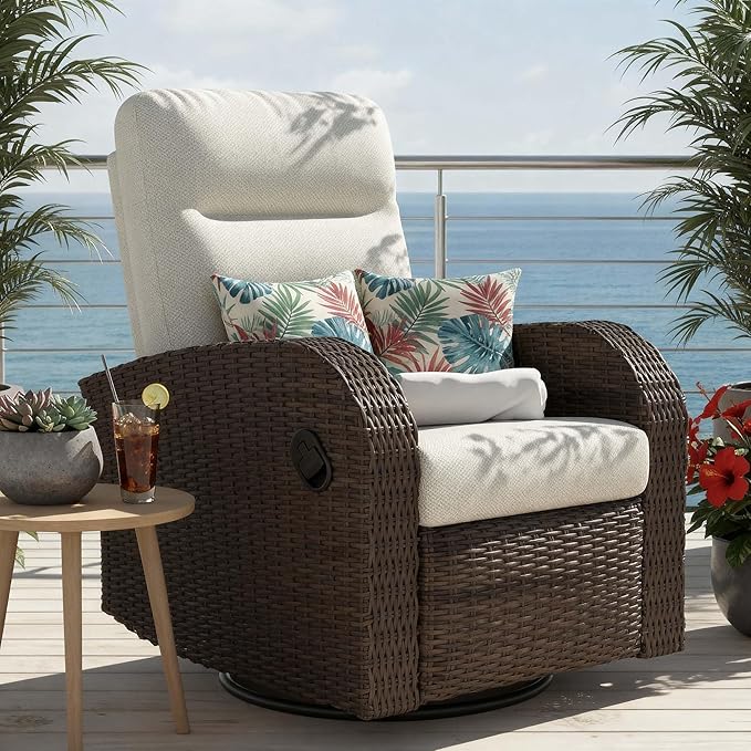 Outdoor Swivel Recliner Chair, All-Weather Wicker Reclining Patio Chair with Adjustable Backrest and Footrest