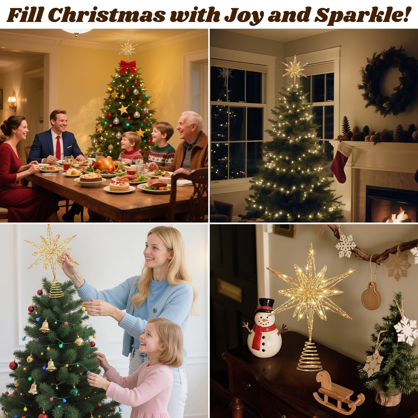 Lewondr Christmas Tree Topper, 13.78'' Metal Xmas 3D Geometric Tree Topper with 30 LED Bulbs, USB Remote Control Lighted Multi-Pointed Star Treetop, 6H Timer, 8 Modes Christmas Decor for Home, Gold