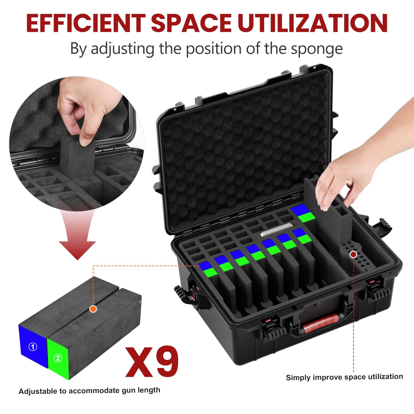 Kinghardcase Gun Case for Handguns, Pre-Cut Multiple Pistols Case Shockproof Waterproof Hard Pistol Case with Desiccant TSA Approved Firearm Travel Case (9 Pistol Case)
