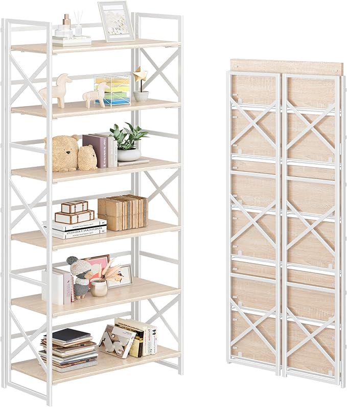 4NM 6 Tiers No Assembly Book Shelves, 61.8" H Folding Bookshelf Bookcase Open