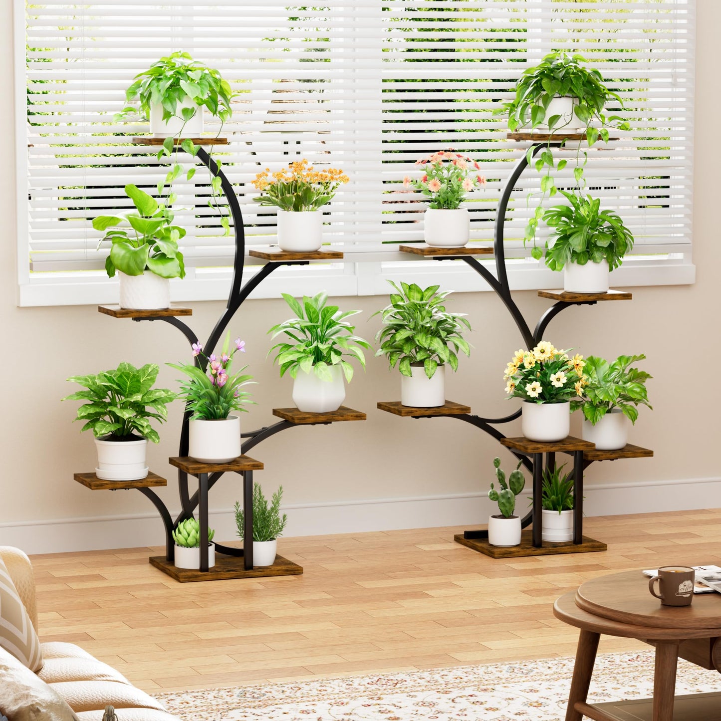 Plant Stand Indoor with Grow Lights - 2 Pack Plant Shelf, 7 Tier Lighted Corner Plant Stands for Indoor Growing, 40" Metal Flower Holder, Tree-Shaped Display Shelves with Adjustable Light, Black