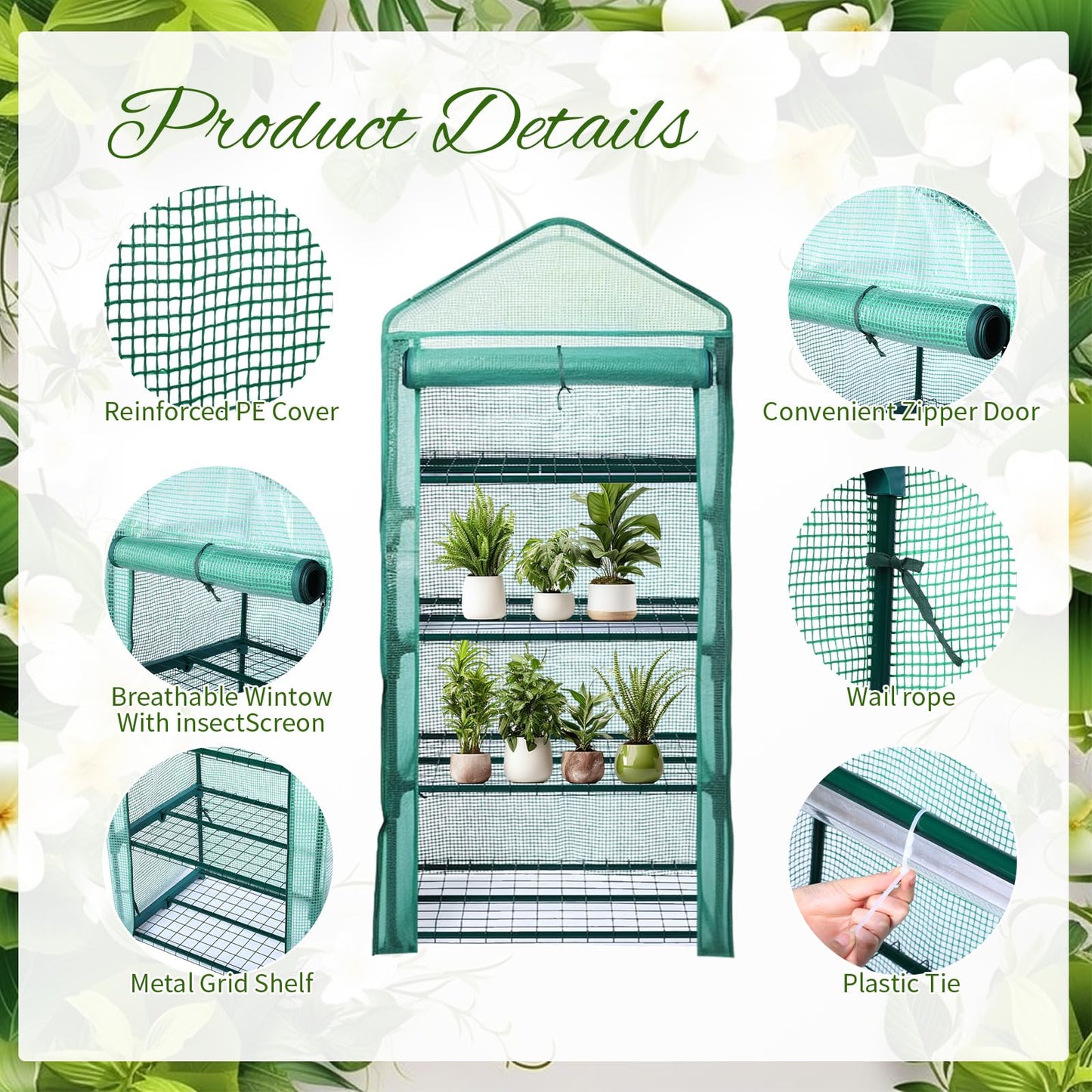 Baquler 4 Tier Mini Greenhouse Indoor Outdoor with 2 Grow Lights , 62'' H x 27'' L x 19'' W PE Cover Portable Winter Vented Greenhouse with Roll up Zipper Door Gardening Stand for Plant Seed Starting