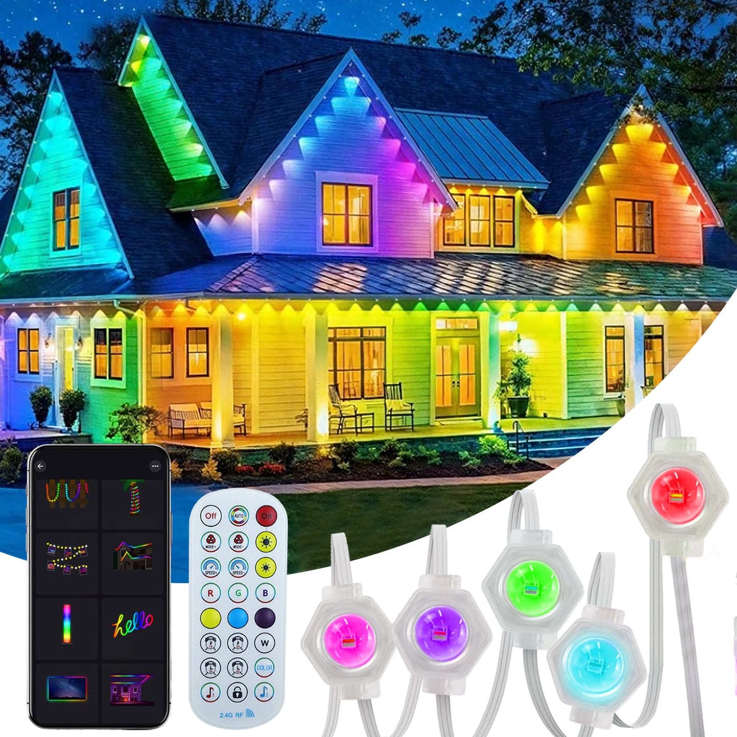 Permanent Outdoor Lights, ASTRAEA 100ft RGBW Smart Eaves Lights with APP & Remote Control, IP67 Waterproof LED Roof Lighting, DIY Scenes Modes for House Roof Decor, Christmas, Party, Holiday and Daily